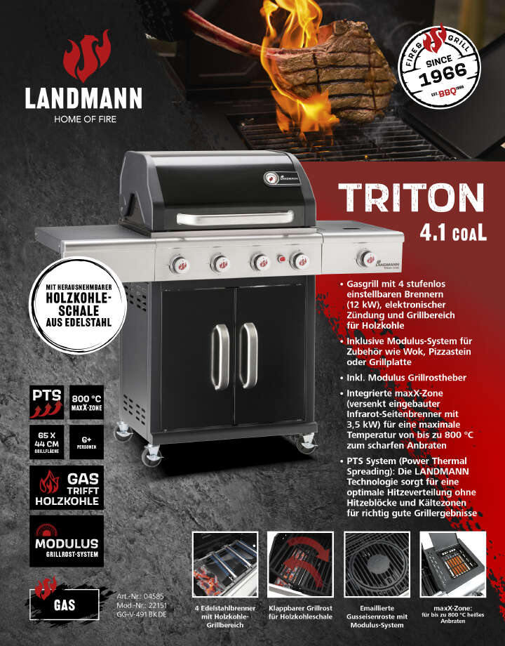 LANDMANN Triton 4.1 Gas- & Holzkohlegrill inkl. Grillaufsatz Edelstahl